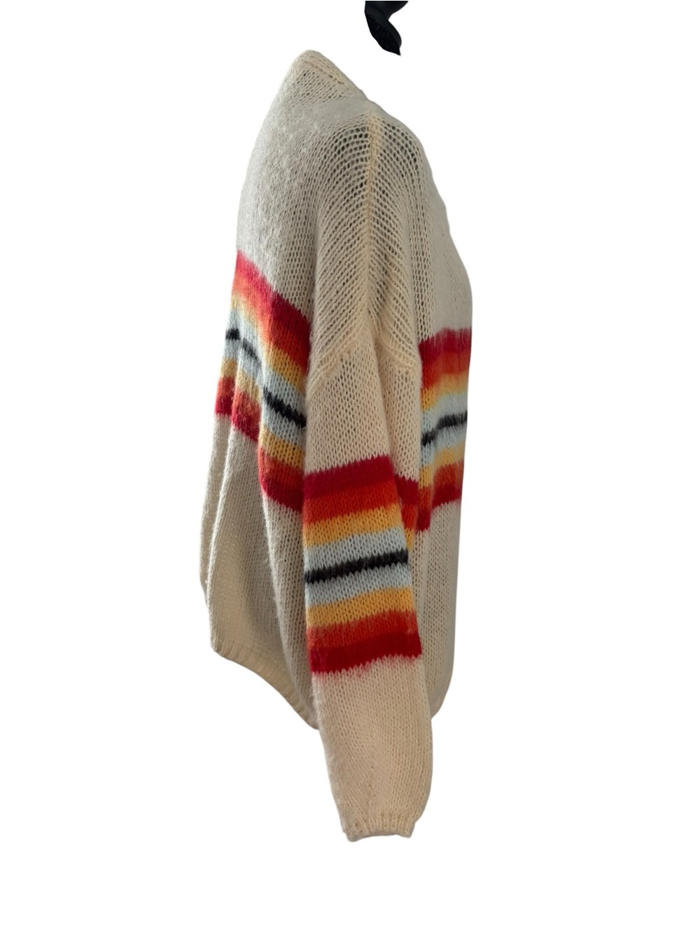 Cream Open-Front Cardigan with Multicolor Stripe Accents - Picture 5 of 8